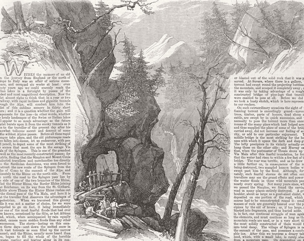 SWITZERLAND. Sufers, Via Mala 1857 old antique vintage print picture